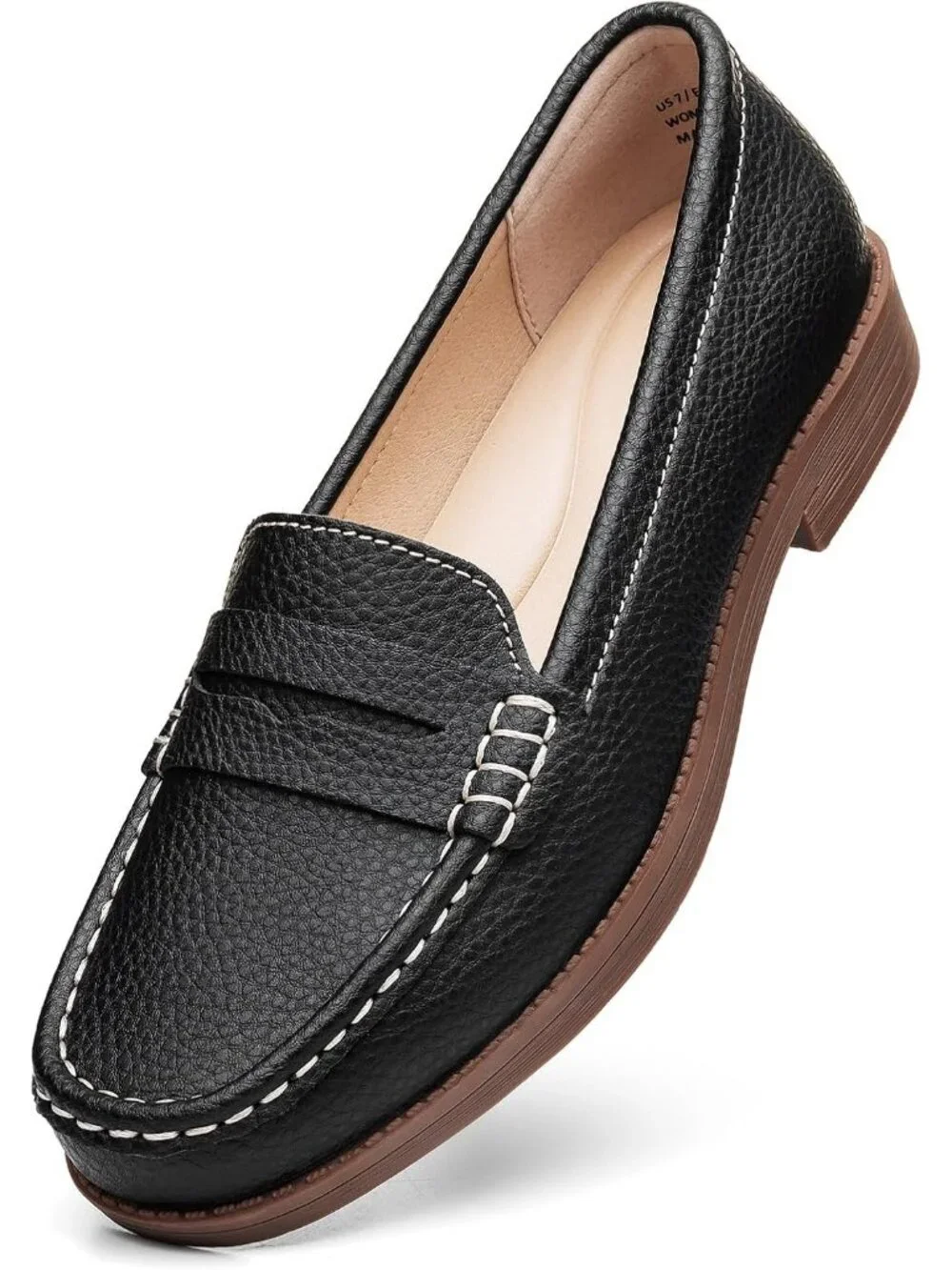 Women's Black Leather Comfortable Penny Loafers Slip On Casual Walking Shoes